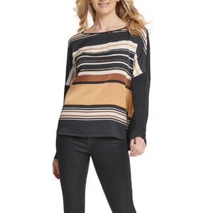 NWT DKNY Boat Neck Striped Front Long Sleeves Top